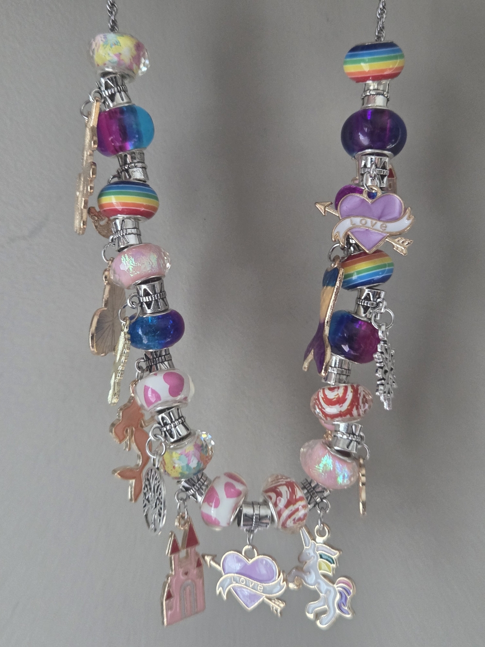 Charm Bead Necklace with Rainbow and Pastel Glass Beads